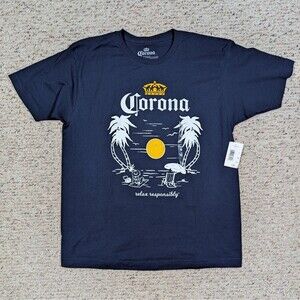 Corona T-Shirt Relax Responsibly Navy Blue Palm Tree Beach Mens LARGE Beer Tee